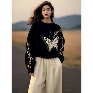 黑色蝴蝶印花毛衣寬鬆針織衫2024早秋季新款女冷淡係獨特別緻上衣