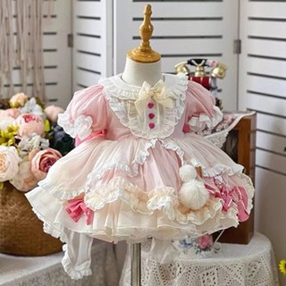 女童蘿莉塔粉色蓬蓬公主裙短袖週歲女寶寶禮服洋宮廷洋裝