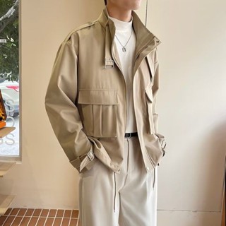 男士外套春秋季韓版寬鬆潮流假兩件翻領復古痞帥短版工裝夾克