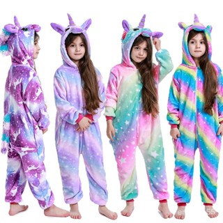 臺灣現+出 卡通睡衣 睡衣 紫天馬連體睡衣兒童新款法蘭絨動物睡衣卡通可愛獨角獸演出傢居服