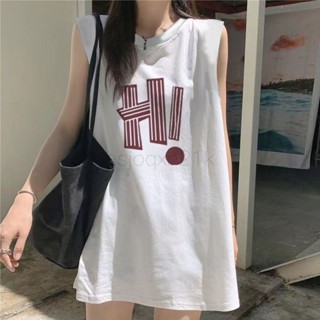 爆款促銷 美式 夏季無袖背心T恤 女印花字母寬鬆中長款運動外穿學生上衣 ins 潮