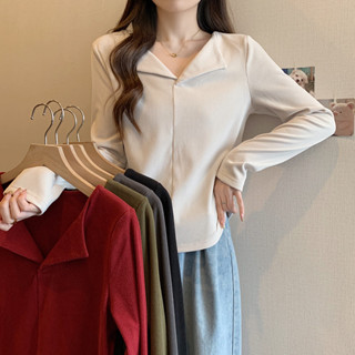 L-4XL 韓版休閒百搭正肩長袖T恤 中大尺碼上衣 修身寬鬆顯瘦上衣 加厚保暖上衣 秋天女裝 打底衫 素色T恤