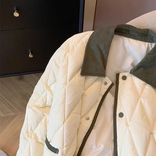 【HOT 本舖】 小香風菱形格羽絨棉服女冬季薄款寬鬆小個子短款輕薄翻領夾棉外套
