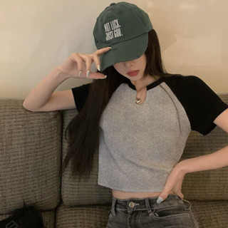 衣時尚 上衣 短袖T卹 短版上衣 小衫 S-2XL新款美式復古夏季撞色辣妹修身短版上衣洋氣短袖T卹顯瘦-2795.