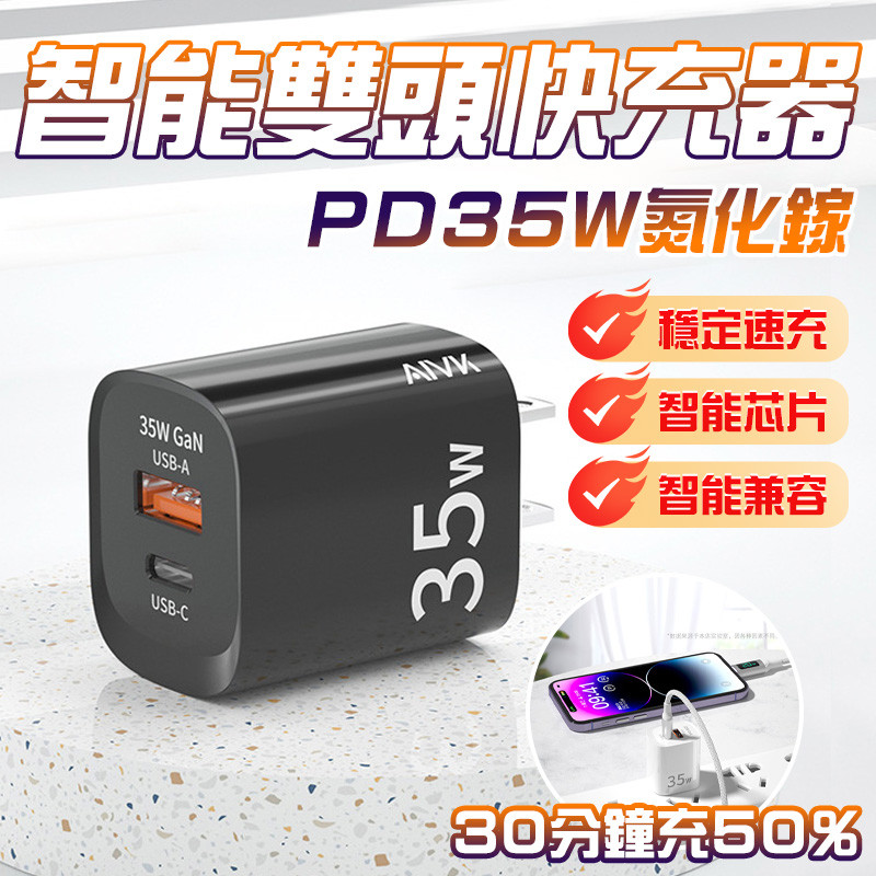🔥穩定速充🔥AIVK 氮化鎵充電頭 PD35W充電器 豆腐頭 手機充電器 快充頭 雙口快充頭 蘋果安卓快充頭 智能兼容