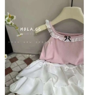 OKids•女童夏季韓系甜美套裝 粉色蕾絲花邊小可愛上衣 洋氣公主風白色短裙蛋糕裙