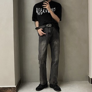 【HOT 本舖】男裝 春夏款日系拼接線水洗做舊牛仔褲男鬆緊腰微辣長褲黑色褲子潮