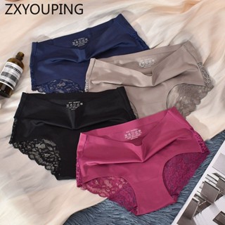 Zxyouping 3 件冰絲內褲女內衣中腰無痕內褲蕾絲性感透氣大碼