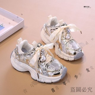公司可開票#女童運動鞋新款2024兒童夏季定製老爹珍珠網麵銀色百搭休閒鞋