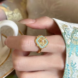 現貨秒髮 實拍 店鋪熱銷古法複古宋韻四閤如意戒指琺瑯燒藍珍珠精緻食指戒開口仿黃金指環 L0DI