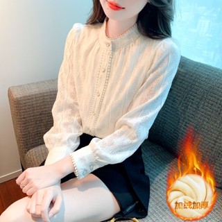 冬季新款韓版加絨加厚蕾絲打底衫立領泡泡袖上衣氣質顯瘦女小衫