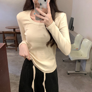 實價實拍正肩u領長袖T恤女秋季設計感小眾打底衫內搭體恤修身上衣