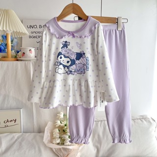 女童睡衣 可愛娃娃領女童德絨睡衣居家服套裝 春秋季卡通公主花邊睡衣裙套裝 庫洛米美樂蒂睡衣 大童睡衣