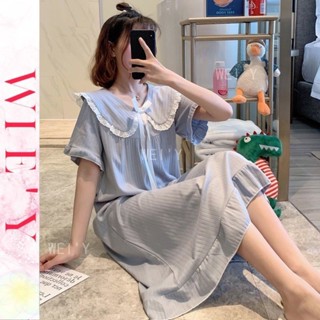 🌸WIE' Y🌸日系春夏季可愛少女仙女過膝甜美睡裙 ins風薄款大碼公主休閒花邊娃娃領蝴蝶結睡衣 短袖居家服 長款裙子