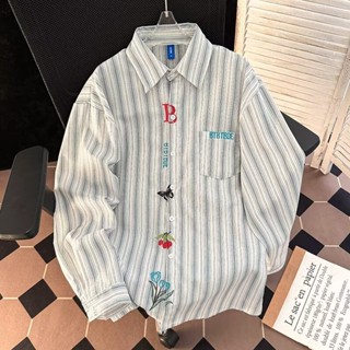 刺繡長袖條紋襯衫 男女款春季學院風寬鬆百搭襯衫薄外套