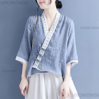 棉麻漢服 民國風上衣 蕾絲斜襟盤扣係帶七分袖襯衫女 棉麻復古茶服 夏季女裝 大尺碼女裝 短袖上衣 寬鬆上衣h0928