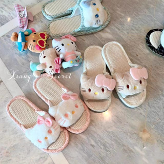室內拖鞋 拖鞋 [一週內4400+人拚單]日係可愛亞麻kitty布藝涼席拖鞋居家透氣吸汗防滑踩屎感一字拖鞋