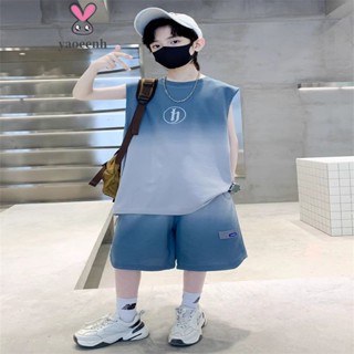 【YAOEENH】120-170CM 夏季男童薄款背心套裝 中大童字母印花休閒運動無袖兩件套 現貨 快速出貨