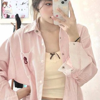 保暖外套 珊瑚絨外套 冬天外套 設計感粉色條紋襯衫女20025開春新款寬鬆長袖襯衫夏季外套上衣