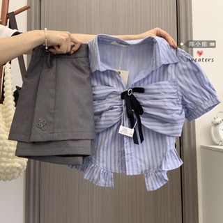 現貨.夏天套裝 韓版小個子辣妹兩件套裝女夏季學院風純欲短袖襯衫上衣高腰顯瘦半身裙 顯瘦套服 韓系衣服 休閒運動套服 2件