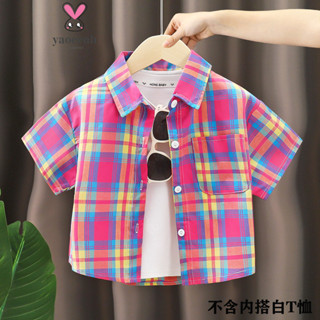 【YAOEENH】90-150CM 夏季男童洋氣格子襯衫 中兒童時尚翻領短袖小外套 現貨 快速出貨
