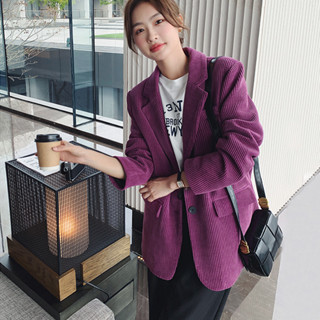 紫色燈芯絨西裝外套女春款2024新款春秋小個子複古休閒咖色小西服