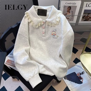 IELGY 女士薄款別緻馬球領運動衫日式可愛蕾絲刺繡上衣
