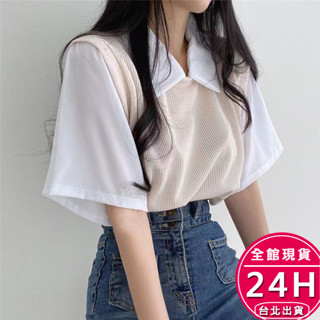 【梨卡】隔日到貨 女裝 上衣 T恤 短袖 假兩件衣 翻領針織 學院風上衣 百搭上衣 寬鬆休閒 GA490【現貨24H】