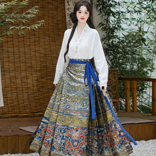 S-4XL 新中式提花斜襟V領白色上衣 重工妝花織金馬面裙 馬面裙套裝 大碼馬面裙套裝 新中式穿搭 敬酒服 尾牙禮服