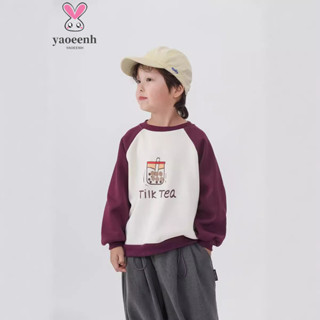 【YAOEENH】100-150CM 秋款男女童大學T寬鬆刷毛上衣 中兒童韓版拼接休閒T 現貨 快速出貨