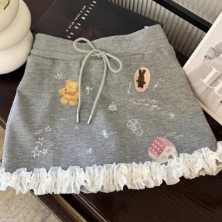 迷你超短裙甜美減齡可愛塗鴉印花高腰顯瘦蕾絲花邊半身裙防走光短裙中大童女mini短裙