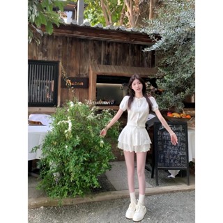珍珠奶白 圓領泡泡袖針織衫女早春高階感氣質休閒顯瘦上衣女