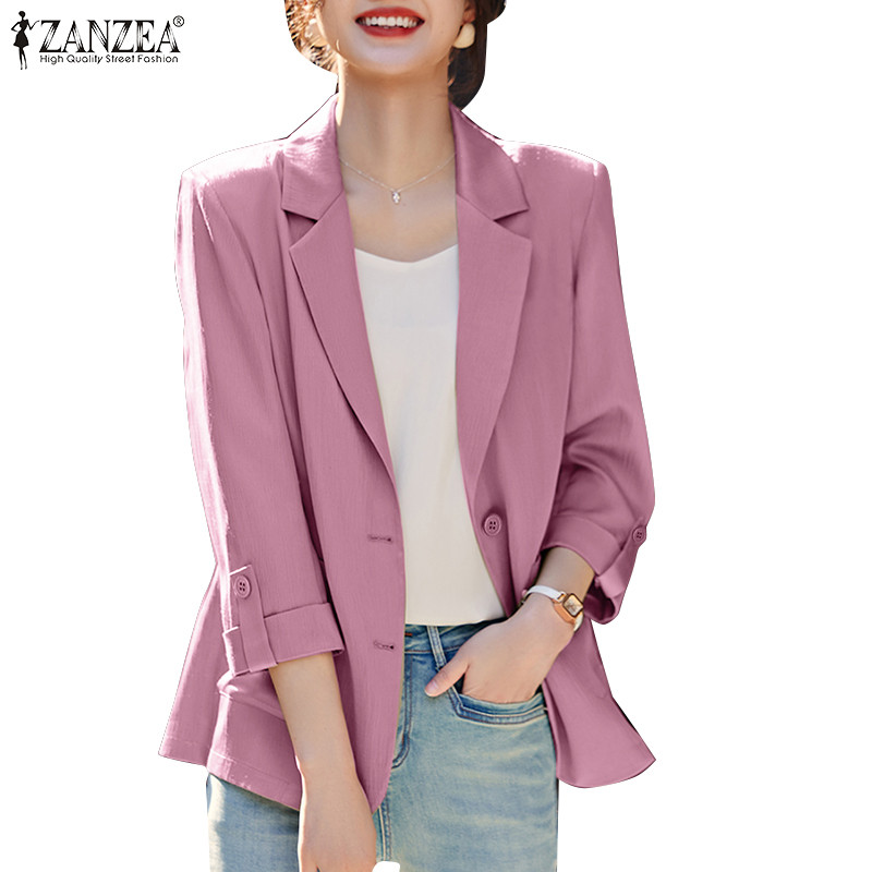 Zanzea 女式韓版裝飾口袋 3/4 袖純色寬鬆西裝外套