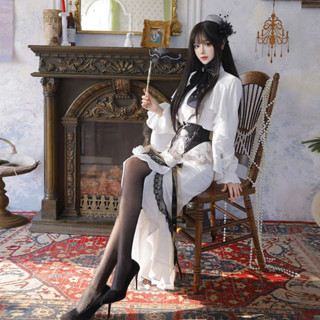白色洋裝 雲南洋裝 原創正版環星門Lolita白色哥特禮服魚尾裙宮廷風洋裝優雅腰封套裝