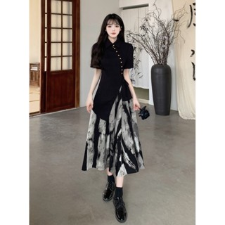 【桃喜Rich現貨】大碼女裝 民國風斜邊上衣 水墨印花顯瘦半身裙套裝 黑色短袖T恤 復古洋裝 新中式洋裝馬面裙 古裝漢服