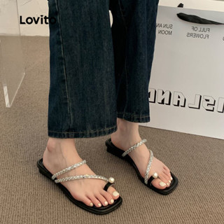 Lovito 優雅風格珍珠水鑽法式精緻方頭防滑女式外平底涼鞋 LFA76349