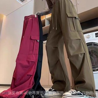 免運 臺灣出貨 美式街頭復古闊腿工裝褲女春秋新款寬鬆高腰顯瘦抽繩運動束腳長褲限時下殺