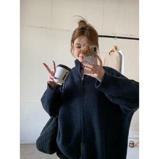 【HOT 本舖】 設計感雙拉鏈高立領黑色毛衣女裝秋冬外穿寬鬆慵懶風針織開衫外套