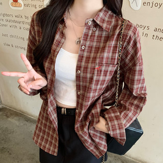 實價實拍#美式複古格子襯衫長袖外套女秋季2024新款休閒寬鬆上衣