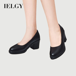 IELGY 單鞋粗跟圓頭中跟女淺口黑色皮鞋通勤工作