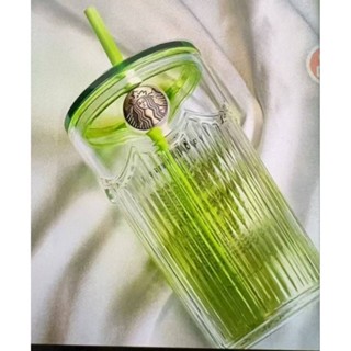 星巴克高顏值ins風簡約473ml綠色立體稜紋玻璃吸管杯隨行杯咖啡杯耐熱 YLZO