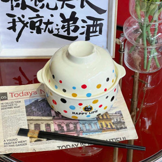 拉麵碗 鋼鐵大碗公 泡麵碗 波點陶瓷泡麵碗帶蓋宿舍用學生泡麵碗微波爐飯碗食內用品級