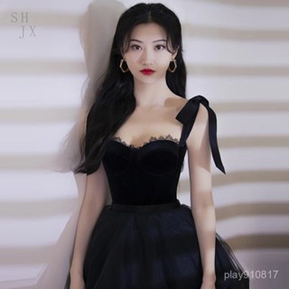 [生活精選]生日晚禮服女新品黑色宴會弔帶僊氣畢業主持禮服春酒尾牙洋裝