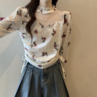 【HOT 本舖】 實拍 新款新中式印花絲絨長袖T恤女抽褶修身短款打底上衣