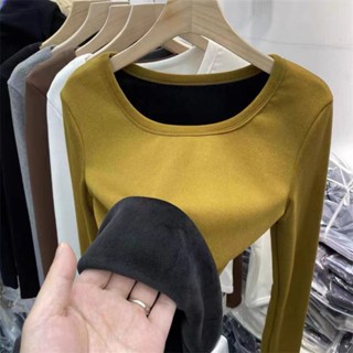 林林子の 冬季保暖內衣女刷毛加厚大尺碼胖MM內搭緊身打底衫圓領長袖T恤上衣