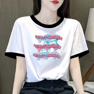 愛依依 短袖T恤 純色上衣 撞色T恤M-2XL韓版寬鬆圓領白色印花洋氣上衣-2840.