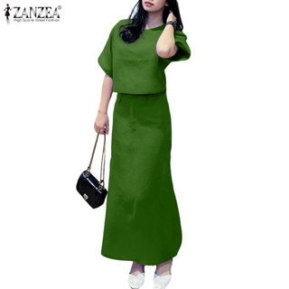 Zanzea 女式度假韓版休閒圓領短上衣+鬆緊腰帶口袋裙套裝