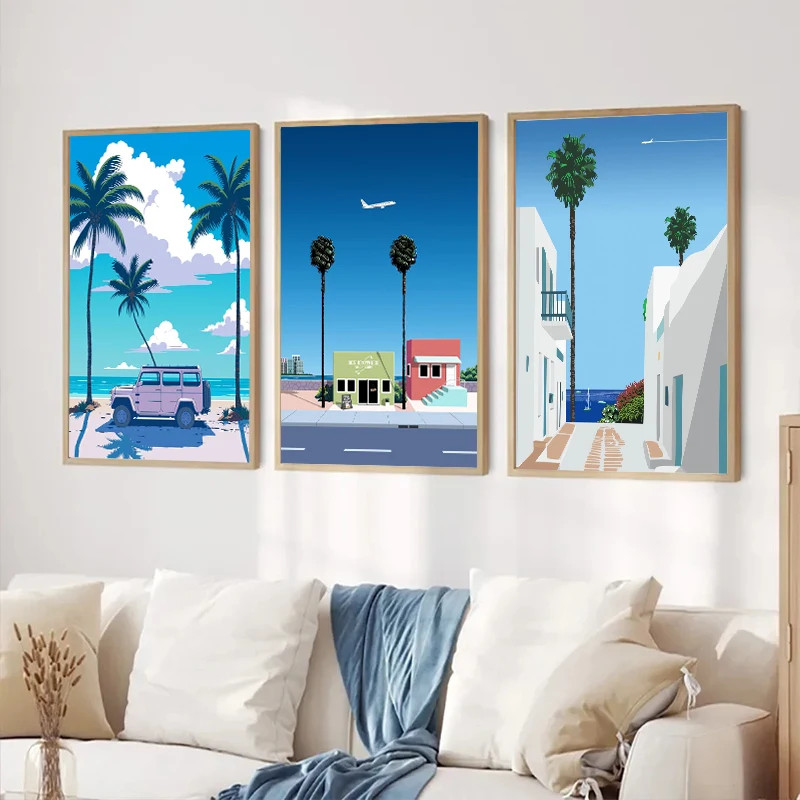 Hiroshi Nagai Vaporwave 日本海灘城市夏季牆壁藝術帆布繪畫版畫海報牆壁圖片北歐客廳裝飾