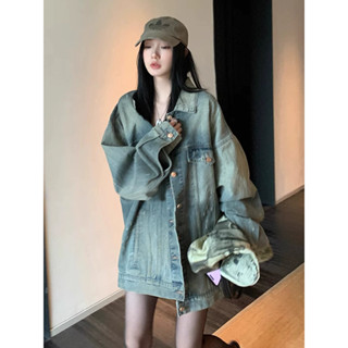 美式複古水洗做舊牛仔外套女中長款寬鬆bf風春秋2024新款夾剋上衣