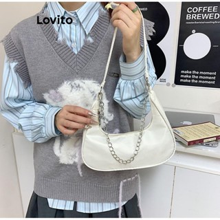 Lovito 休閒素色鏈條裝飾大容量手提月牙包簡約時尚日常通勤小斜揹包女士 LFA67041